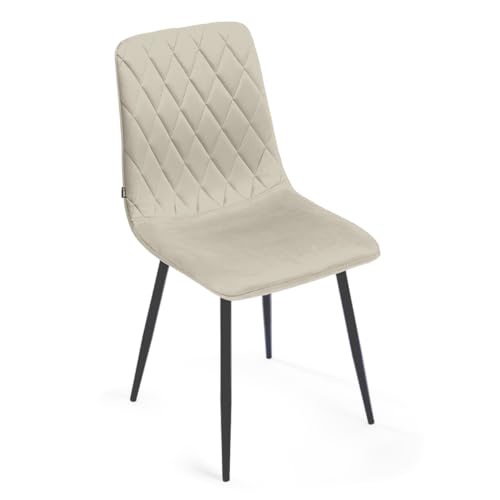 Image of Mevsim Store Dining Chair - Cream Velvet - Metal Leg - Living Room Armchair - Stainless Steel Black Metal Legs