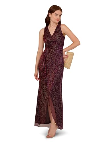 Adrianna Papell Burgundy Gold Metallic Mesh Faux Wrap Gown With Ruffle Accents4