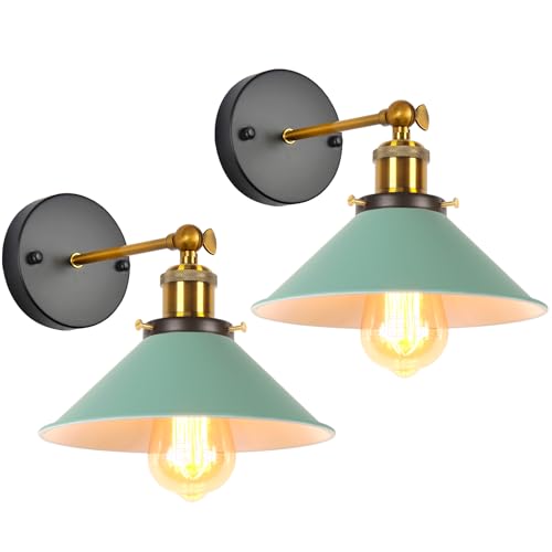 iDEGU 2 Piezas Lámparas de Pared Retro, 22cm Vintage Aplique de Pared Interior de Metal Diseño Paraguas Ajustable Lámpara de Techo E27 Iluminación para Dormitorio, Salón, Pasillo, Cocina (Verde)