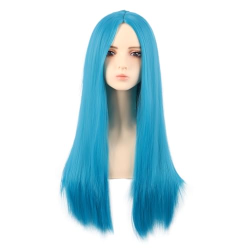 MapofBeauty 28 Pouces/70 cm Monochrom Longue Droit Perruques Haut-température fibre Ordinaire Perruques (Cyan Bleu)