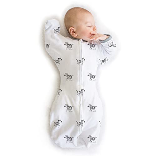 Image of Amazing Baby Transitional Swaddle Sack with Arms Up Half-Length Sleeves and Mitten Cuffs, Little Zebra, Small, 0-3 Months (Parents’ Picks Award Winner, Easy Transition with Better Sleep)