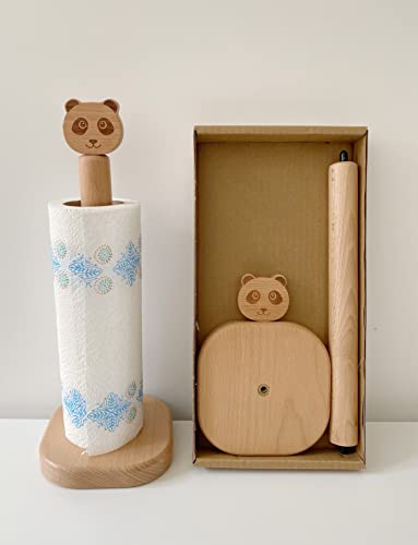 Soporte para rollo de cocina de madera de panda, organizador vertical de papel 3