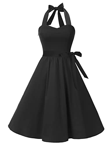 Topdress Women's Vintage Polka Audrey Dress 1950s Halter Retro Cocktail Dress Black M