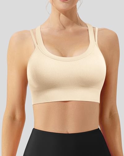 Image of WANAYOU High Support Sports Bras for Women Cross Back Workout Sports Bra | High Impact, No Bounce, Compression, Criss Cross Back, Gym, Athletic, Running, Removable Pads, Ribbed, Moisture Wicking