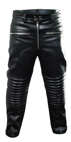 Herren Echtleder Bikerhose - Schwarze Motorradjeans mit klassischer Passform, Schwarz , 32 W/30 L