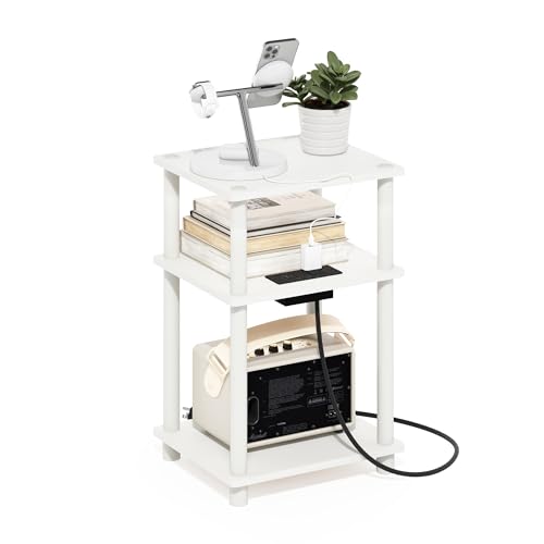 Image of Furinno Just 3-Tier Turn-N-Tube Open Storage Side Table, End Table with USB and Type-C Charging Station, White /White