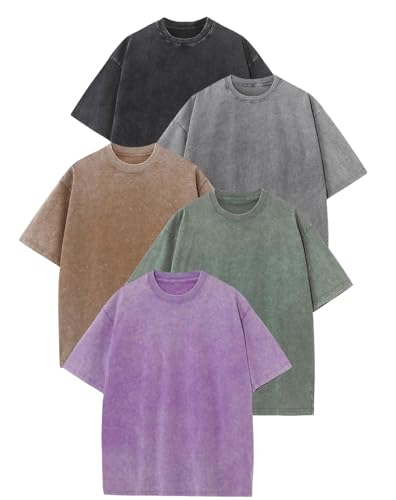 Image of Botong Oversized T-Shirts for Men Vintage Workout T-Shirts Acid Wash Tee Unisex Tops Casual Wear Black+Grey+Coffee+Army+Purple XL