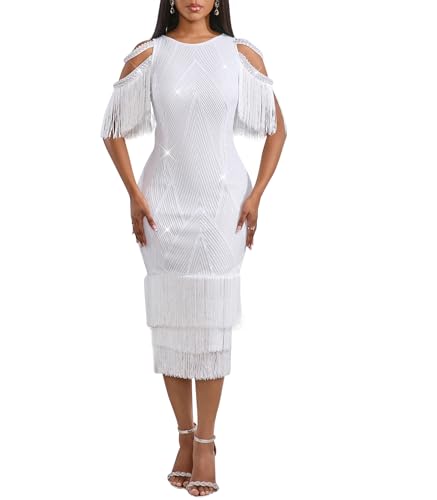 Image of Cololura Sexy Elegant Women Sequin Long Sleeve Tassel Bodycon Midi Dress Party Evening Gown Formal Dress