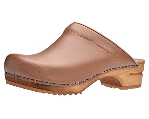 Sanita Lotte | Zuecos Abiertos | Producto Artesanal Original para Mujer | Zuecos de Piel con Suela de Madera sostenible | Marrón coñac | 41 EU