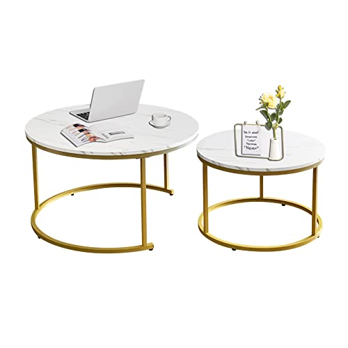 AT-VALYCoffee Table Set of 2 Nesting Tables,Round Sofa Table for Living Room, (D) 31.5" x(H) 18.5", (D) 23.6" x(H) 15.3" (Gold & White)