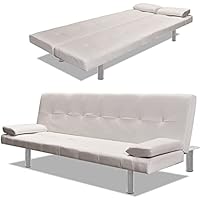 vidaXL Sofá Cama Reclinable con 2 Cojines Madera Cuero Sintético Blanco Crema
