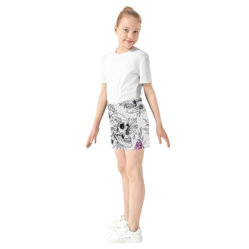 Girls Athletic Shorts Cute White Skulls Flowers Leaves Pink Printed Pajama Summer Kids Activewear Customized, X-Small4