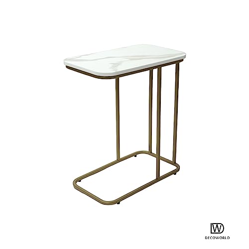 Image of DECOWORLD|| Metal Side Table with Marble Finish Wooden Top for Living Room, Sofa or Bed Side Stand