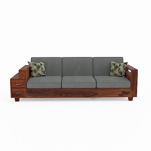 Image of Solid Sheesham Wood Sofa Set 3 Seater, Three Seater Sofa Set with Attached End Table, 2 Drawer Storage for Living Room Furniture - Honey Finish