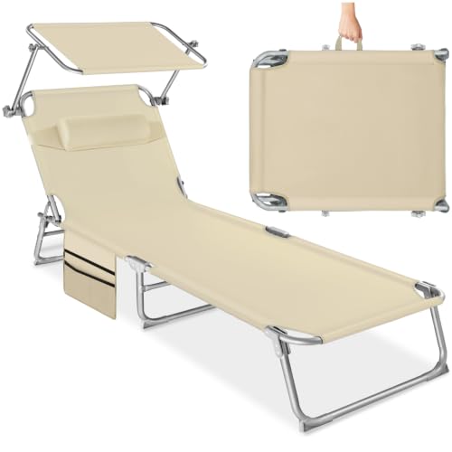 tectake® Sonnenliege klappbar, tragbar, Liege mit Seitentasche, Strandliege, Gartenliege mit Dach, Liegestuhl mit Verstellbarer Rückenlehne, inkl. Kopfkissen - für Balkon, Terrasse, Camping - beige
