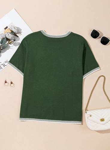 Dokotoo Womens Tops Round Neck Striped Contrast Short Sleeve Lightweight Loose Pullover Sweaters for Women 20253