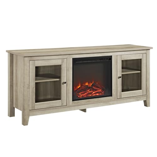 Walker Edison Rustic Wood and Glass Fireplace TV Stand for TV's up to 64" Flat Screen Living Room Storage Cabinet Doors and Shelves Entertainment Center, 58 Inch, White Oak