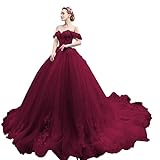 Mouccy Pearly Beaded Burgundy Quinceanera Dresses Ball Gown Puffy 2023 Tulle Lace Birthday Dresses for Sweet 15 16 Princess Long Prom Gown Size 6