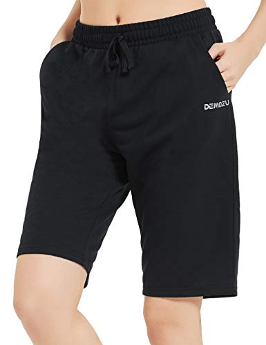 DEMOZU Women's 10 Inches Cotton Lounge Bermuda Jersey Shorts Active Workout Jogging Yoga Casual Sweat Knit Shorts with Pockets Plus Size, Black, 3XL
