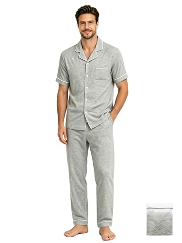 Image of Mens Pajamas Set Short Sleeve Sleepwear Button Down Loungewear Set Soft Modal 2Pcs Pj Set with Pockets S-3XL