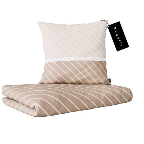 bugatti Bettwäsche 135 x 200 cm - 100% Baumwolle, Reißverschluss, anschmiegsam, weich & waschbar, Mako Satinbettwäsche gestreift beige