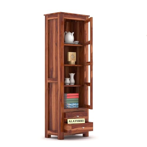 Image of Wood Book Shelf with Glass Door, Wooden Book Rack for Home Library, Kitchen Crockery Cabinet, Wooden Almirah, Bookcases, Book Shelf Storage 2 Drawers, Home Furniture, Honey Finish