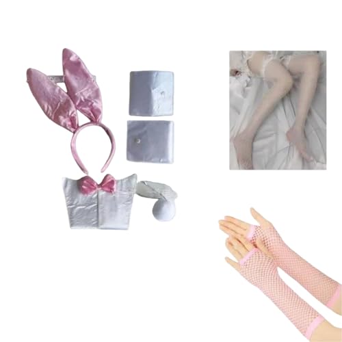 Disfraz de Conejo para Mujer, Set Completo con Orejas, Collar, Puños, Cola, Guantes y Medias Blancas, Perfecto para Fiestas y Eventos Temáticos