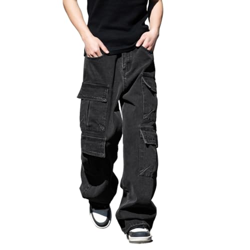 Mens Cargo Jeans Hip Pop Loose Fit Straight Leg Denim Pants