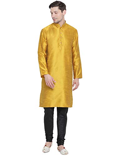 Image of VASTRAMAY Men's Mustard Cotton Silk Blend Kurta and Pyjama Set VASMKMD001nPBL 46