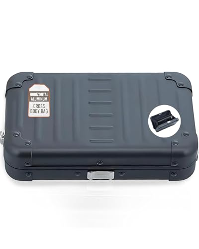 Image of Horizontal All Aluminum Crossbody Bag - Lightweight Compact Travel Case with Adjustable Strap, RF Blocking, Interior Pockets & Secure Clasp - Stylish Over-Shoulder Bag for Men & Women (Onyx)
