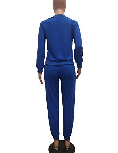 Womens Casual 2 Piece Outfit, Letter Print Long Sleeve Crewneck Tops Long Pants Set Tracksuits Blue XL