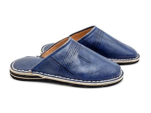 BABOUCHES en CUIR bout rond - Berbères 100% ARTISANALE fait main au maroc - Homme et Femme couleur noir marron bleu rouge (bleu, Système Taille Chaussures...
