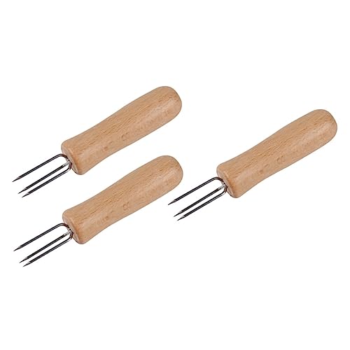 FONDOTIN 3-in-1 Corn Forks Wood Handle Stainless Steel Fruit Picks for Home Restaurant Hotel Use