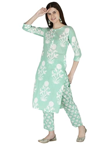 Women's Cotton Printed Kurta Set - Elegant Green Floral Print with 3/4th Sleeves, Festive Wear.2