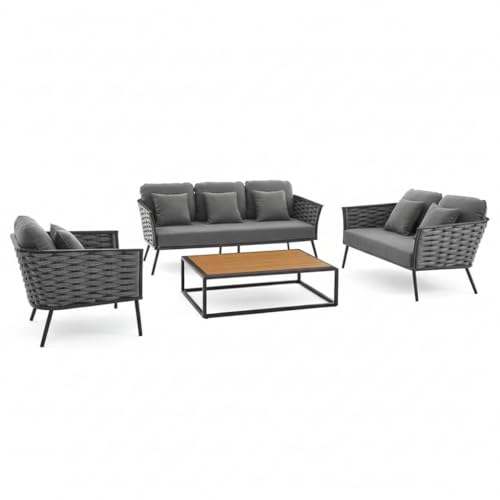 Image of LOCCUS 4-Piece Patio Rope Furniture Set - 6-Seater Outdoor Sofa with Wooden Top Table & Washable Cushions, Premium Conversation Set for Porch, Backyard & Garden (Grey)