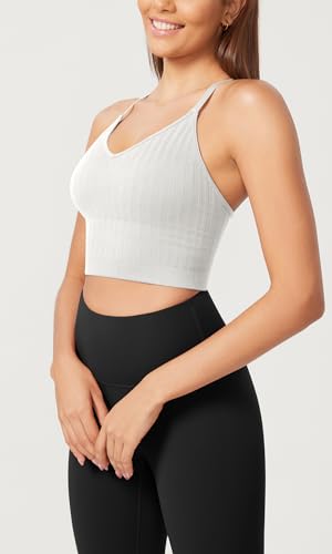 Image of ODODOS Seamless Padded Sports Bra for Women Strappy Longline Wirefree Brami Ribbed Crop Tank Tops, White, Medium-Large