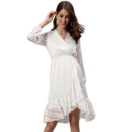 Image of ishin Women's Above Knee Length Silk Striped White Wrap Dress