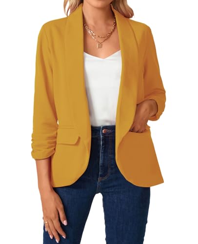 LADI TREND Blazer ouvert sur le devant à manches 3/4 froncées pour femme - Veste de travail unie - Haut de bureau - Manteau d'extérieur - Poches à rabat,...