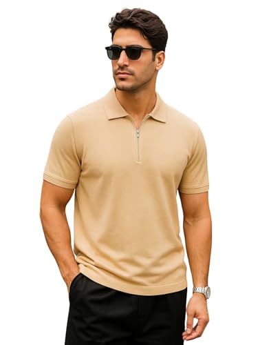 Image of Veirdo Men's Cotton Pique Polo | Premium Zip Neck Casual T-Shirt | Half Sleeve | Black Beauty, Serenity, Wheat, Zephyre
