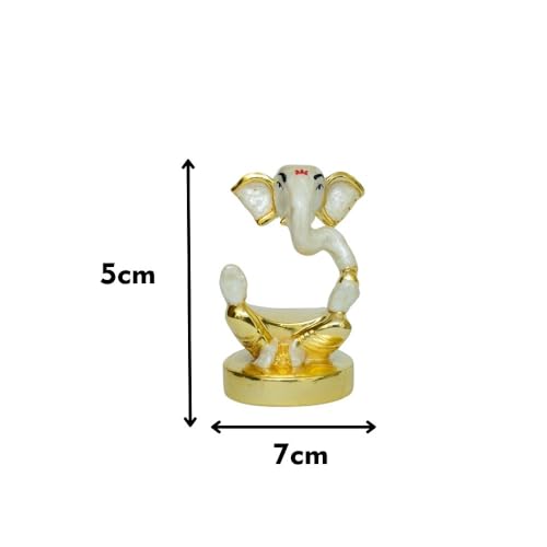Image of Pearl White Divine Ganesha | Lambodara Ganpati Idol for Car Dashboard, Office Desk & Home Temple| Lambodara Murti for Prosperity & Blessings |Gold Plated Statue| Height 1.9 Inch