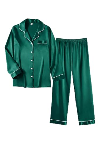 Image of Ekouaer Women Satin Pajamas Set Classic Button Down Long Pjs Set