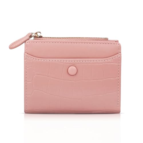 Small Wallets Woman, Faux Leather Womens Wallet with 5 Card Slots and Zipper Coin Pocket, Bifold Wallets with Photo Compartment (Pink)
