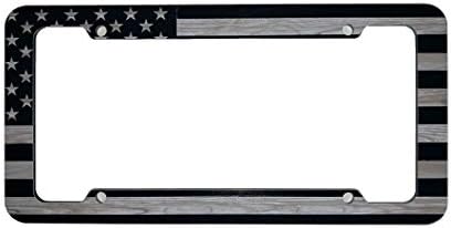 American Flag USA Plastic License Plate Frame Tag Grey Wood Grain Design