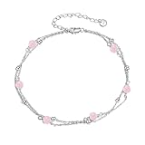 CRMAD Rose Quartz Bracelet Anklet for Women Sterling Silver Beach Jewelry Gift for Women (rose quartz, bracelet 7+2'')