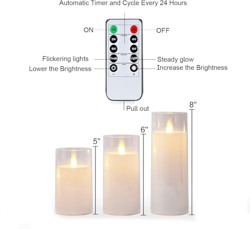 Image of Homemory Pure White Flickering Flameless Candles, Battery Operated Acrylic LED Pillar Candles with Remote Control and Timer, Set of 9