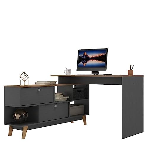 Escrivaninha em L 120x136cm 2 Portas com Estante 1 Porta Retrô Grafite/Nogal