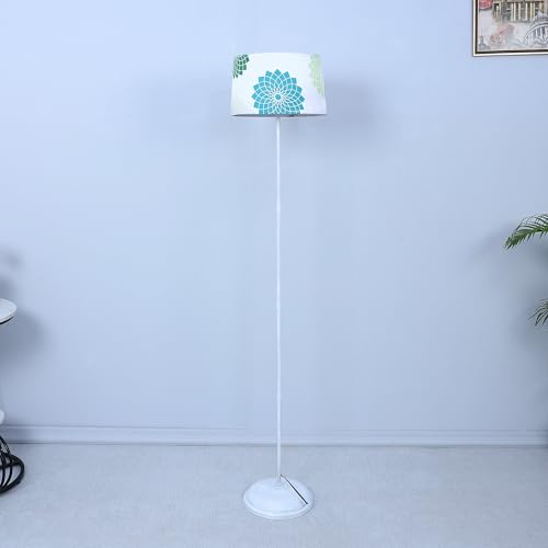 Image of tu casa White Metal-Iron Base Foldable Floor Lamps with Dahlia Floral Print & Satin Shade for Bedroom, Living Room, Lounge, Office Area, Gifting Without Bulb for Home Decoration (Height - 57 inch)