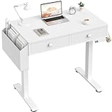 KLUVIS Electric Standing Desk with Drawers, 32 Inch White Small Height Adjustable Sit Stand Desk with Storage for Small Space Home Office Bedroom, Study Writing Stand up Computer Desks for Girls Work