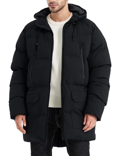 Rejork Men's Long Winter Coat Hooded Warm Quilted Jacket Water-resistant Cold Weather Parka Black L