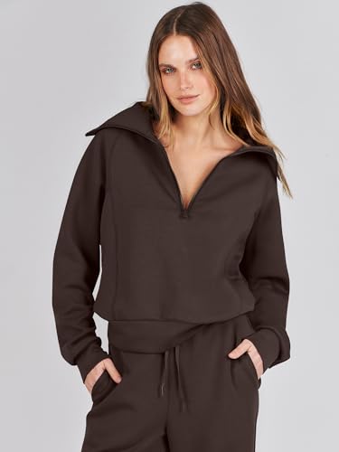 ANRABESS Women’s 2 Piece Outfits Half Zip Sweatshirt & Wide Leg Pants Airport Travel Lounge Matching Sets Sweatsuits Clothing Coffee Medium - Image 5